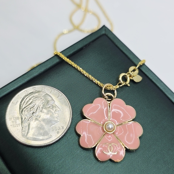 Chanel Pink Camellia Flower Pendant Necklace Pearl Center • 20" Gold Rope 925 - Picture 2 of 3